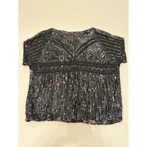 Kalamkari Silk‎ Top Women's Medium Black Sequin Party Formal Blouse Handmade VTG